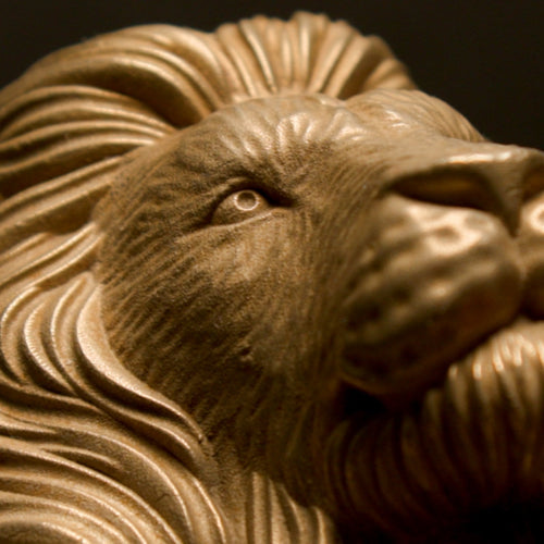 Brass Door Knockers collection: close view of a lion's face turned upward, deep waves of mane sweeping back from the cheek