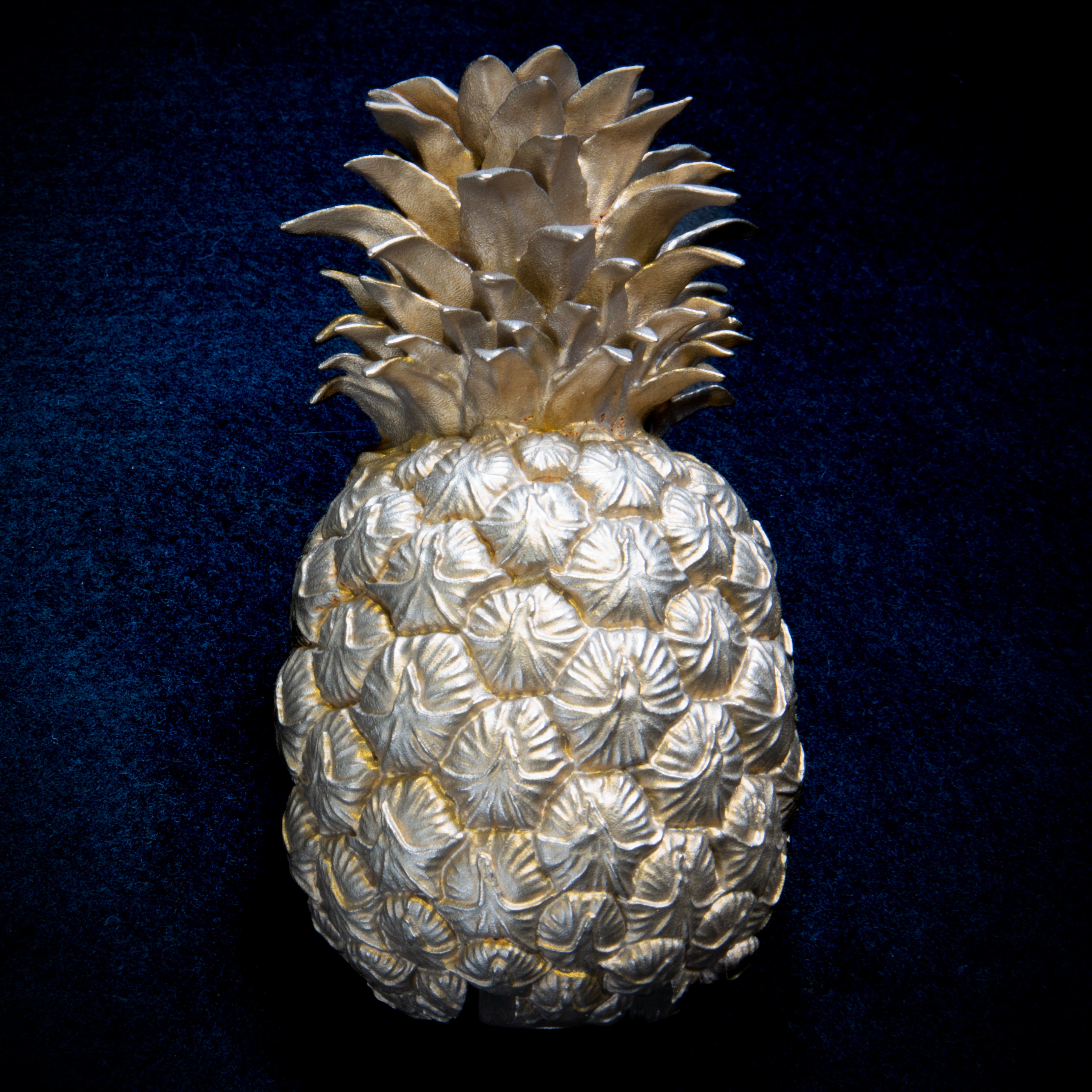 Decorative collection: Pineapple door knocker head on navy cloth, a crown of pointed leaves over rows of leaf-shaped scales