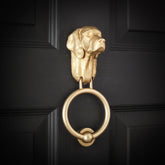 Vizsla brass door knocker on a black panelled door, nose lifted to the right, one long ear falling past the jaw
