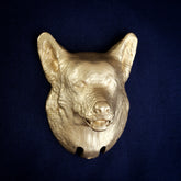 Welsh Pembrokeshire Corgi interchangeable door knocker head, front view on navy cloth, big upright ears, mouth open