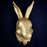 Hare interchangeable door knocker head on a navy background, front view, tall ears upright above a soft muzzle