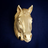 Horse interchangeable door knocker head on a navy background, ears pricked, forelock between them and flared nostrils