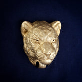 Leopard interchangeable door knocker head on a navy background, front view, spotted brow, whiskers and rounded ears