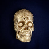 Bee and Diamond Sugar Skull interchangeable door knocker head on navy, front view, a bee on the brow above bright eye sockets