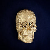 Radiant Rose Sugar Skull interchangeable door knocker head on navy, roses in the eye sockets and a heart on the brow