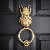Bee brass door knocker on a black panelled door, lattice wings raised over the body and a round ring below.