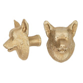 Corgi brass cabinet knob and coat hook, cut out on white, one in profile, one facing front with upright ears