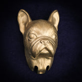 French Bulldog interchangeable door knocker head on a navy background, front view, bat ears and a wrinkled flat muzzle