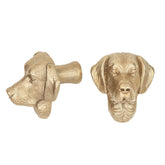 Labrador brass cabinet knob and coat hook, cut out on white, one in profile, one facing front with folded ears