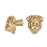 Pug brass cabinet knob and coat hook, cut out on white, one in profile, one facing front with folded ears
