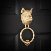 Yorkshire Pig brass door knocker on a black front door, angled view