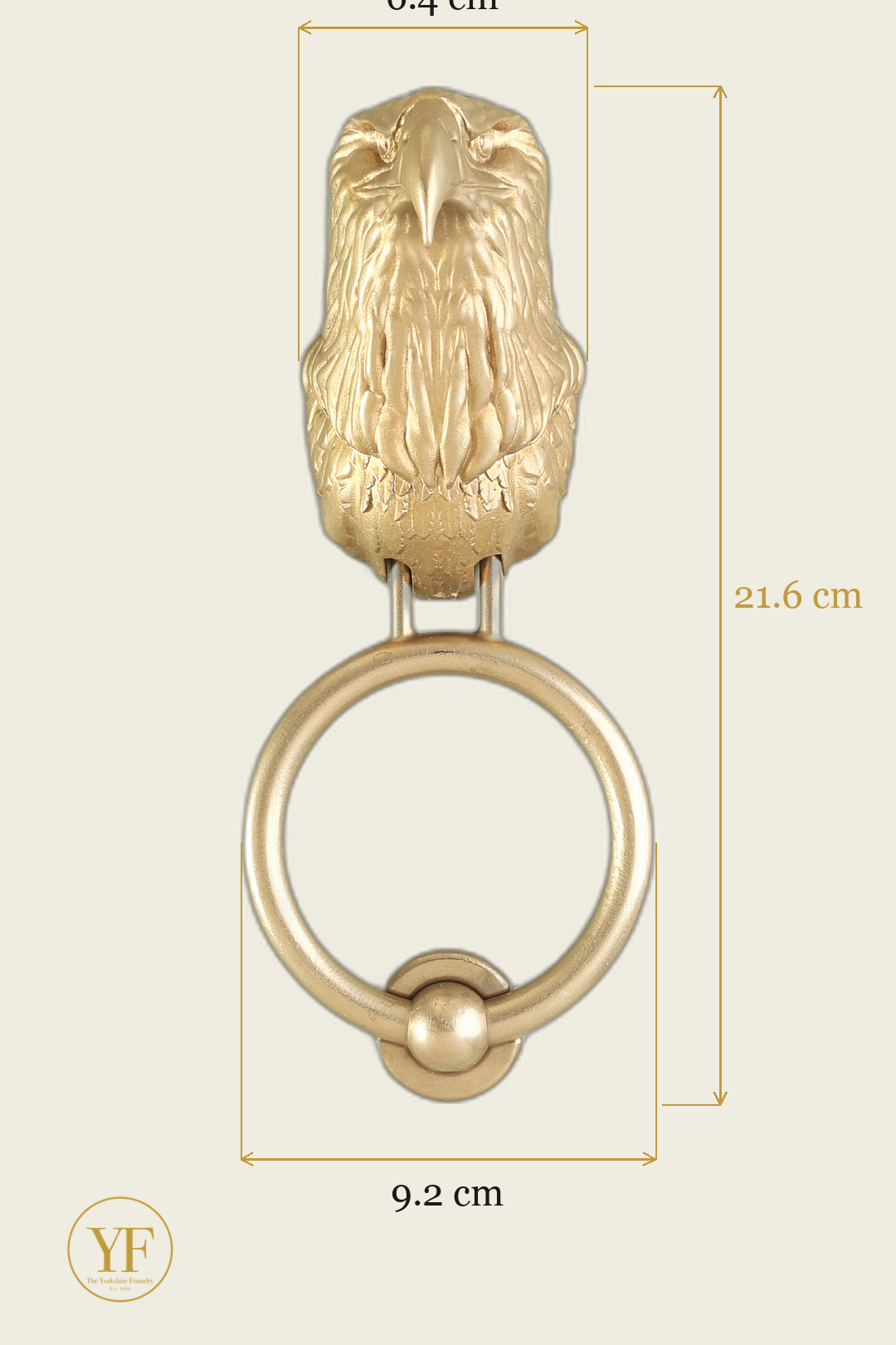 Bald Eagle brass door knocker dimensions: head width, overall height and 9.2 cm ring