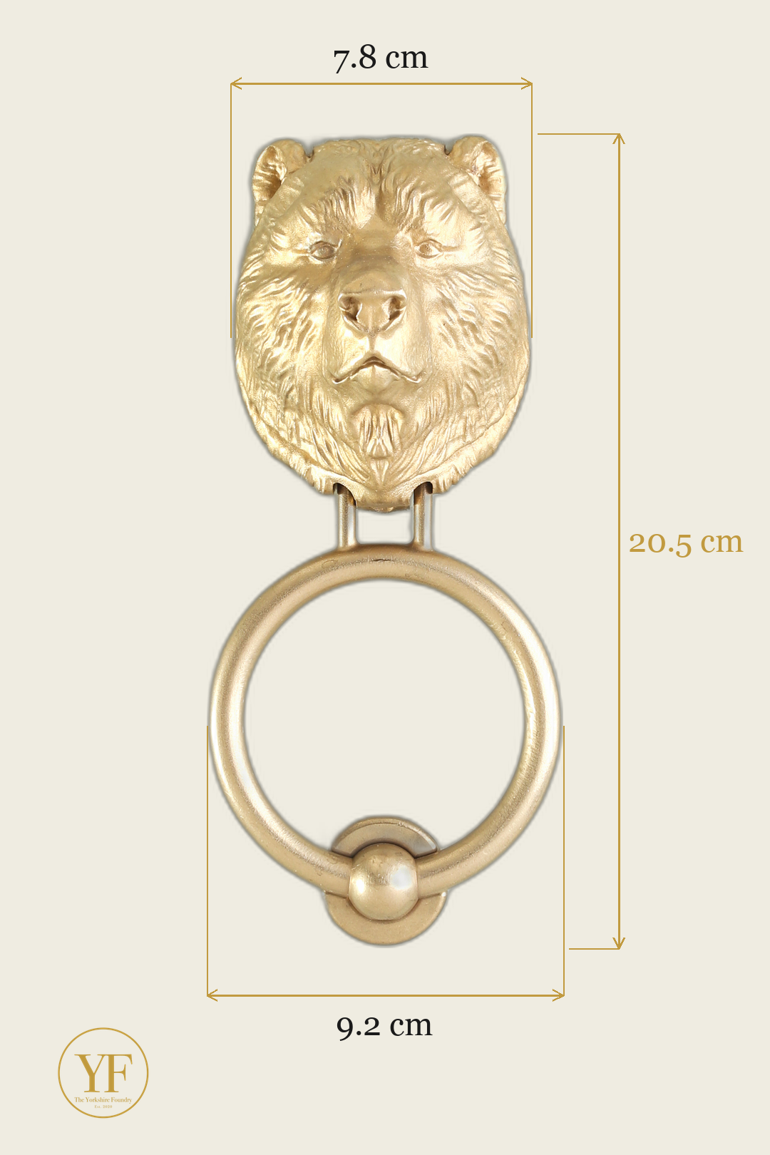 Bear brass door knocker dimensions: head width, overall height and 9.2 cm ring