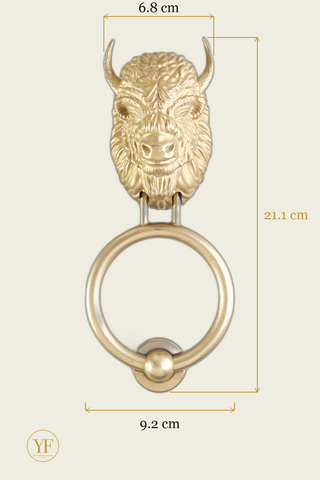 Bearded Bison brass door knocker dimensions: head width, overall height and 9.2 cm ring