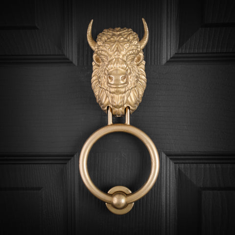 Bearded Bison head fitted to a Yorkshire Foundry knocker on a black door