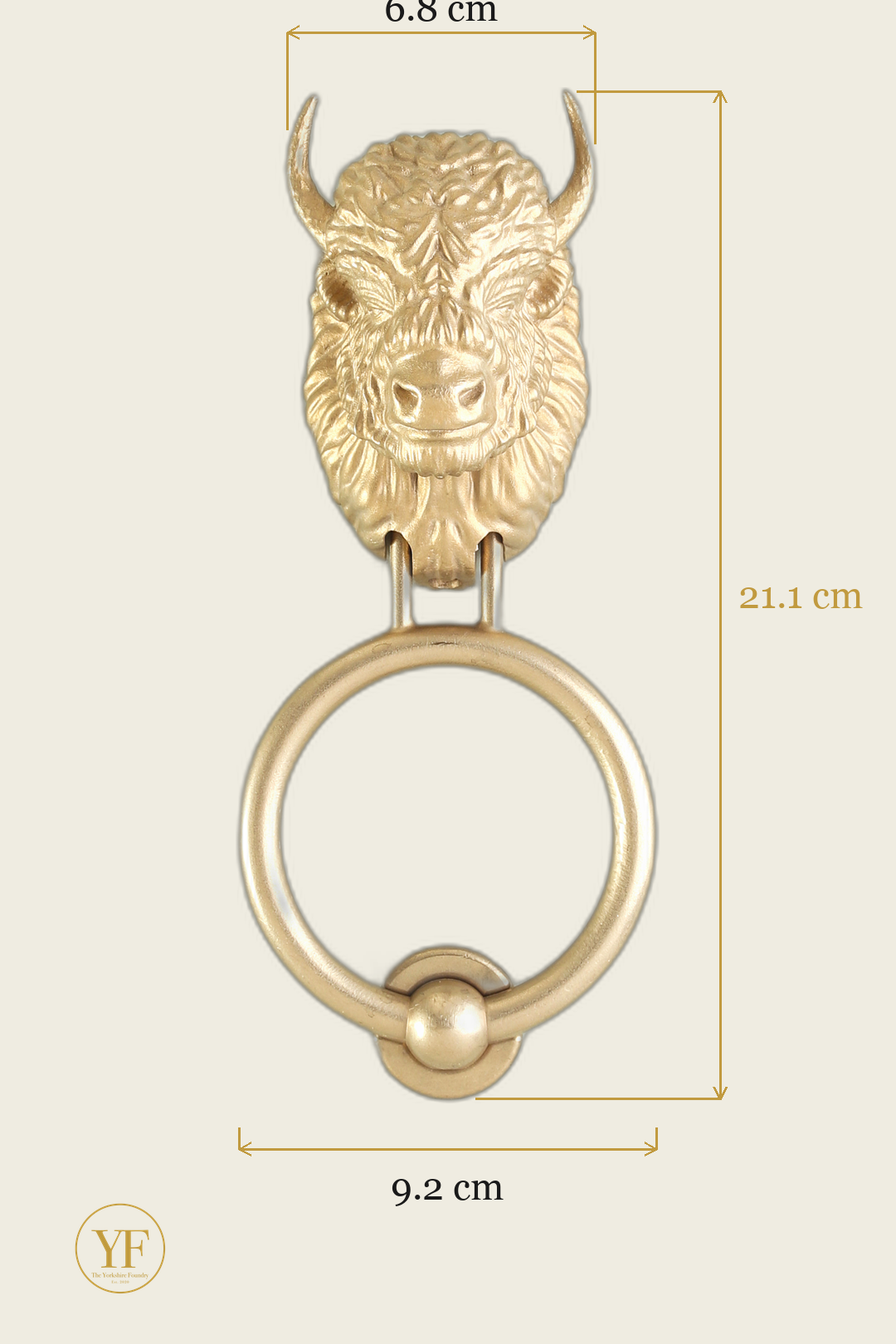 Beardless Bison brass door knocker dimensions: head width, overall height and 9.2 cm ring