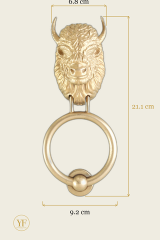 Beardless Bison brass door knocker dimensions: head width, overall height and 9.2 cm ring