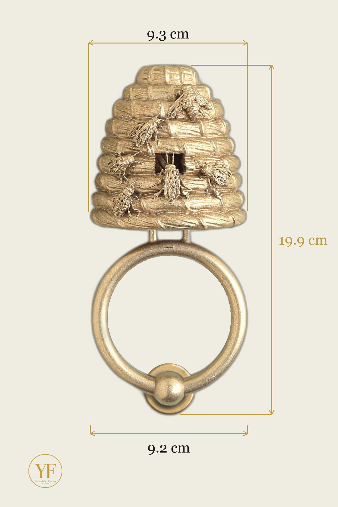 Beehive brass door knocker dimensions: head 9.3 cm wide, 19.9 cm overall, 9.2 cm ring