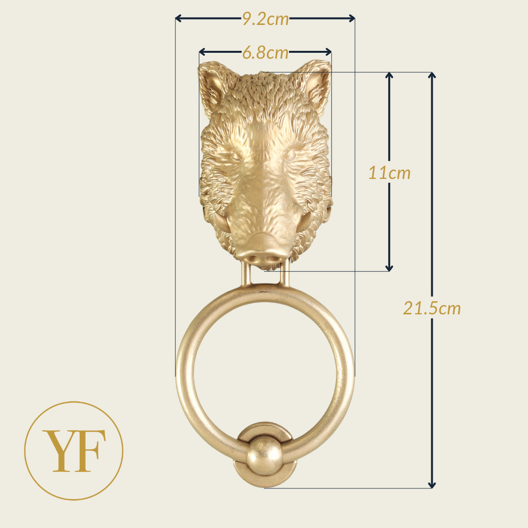 Boar brass door knocker dimensions: head width, overall height, and 9.2 cm ring