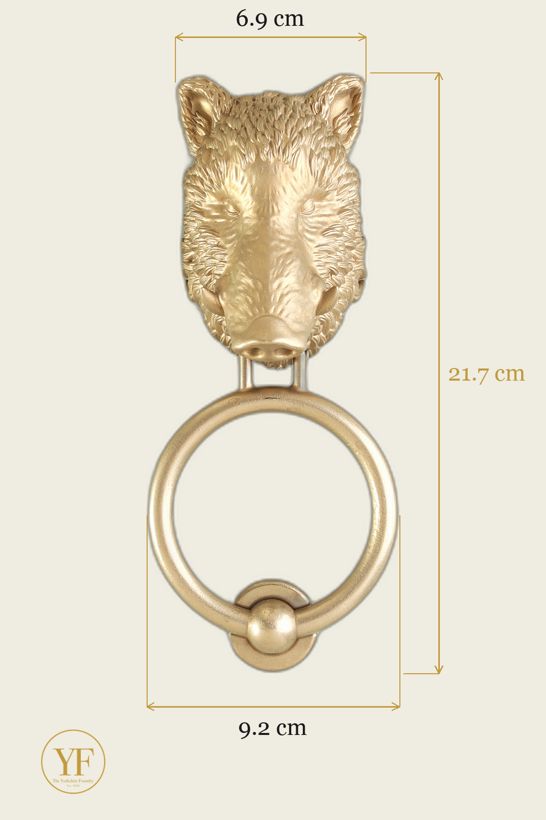 Boar brass door knocker dimensions: head width, overall height and 9.2 cm ring