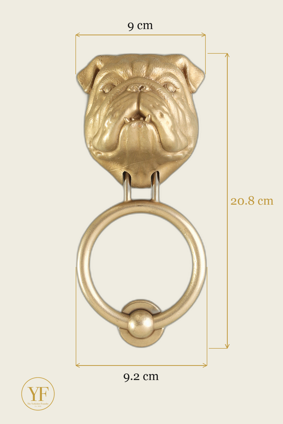 British Bulldog brass door knocker dimensions: head width, overall height and 9.2 cm ring