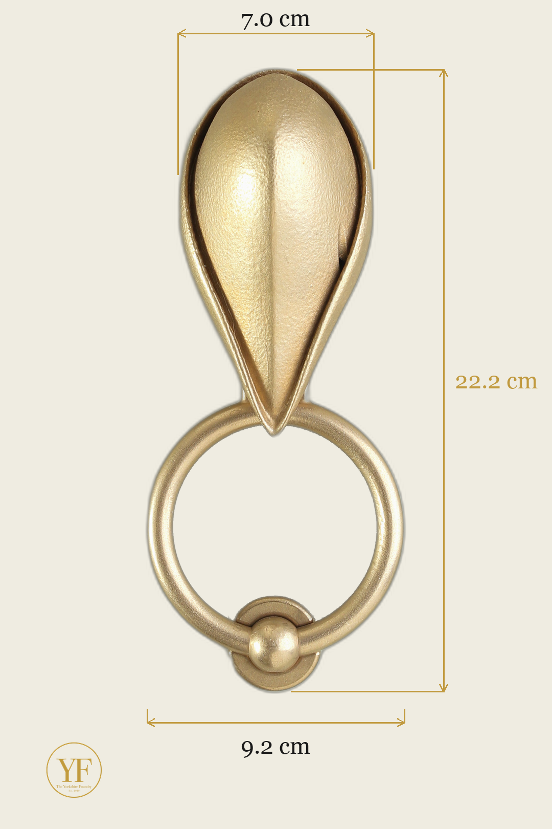 Bycocket Hat brass door knocker dimensions: head 7 cm wide, 22.2 cm overall, 9.2 cm ring