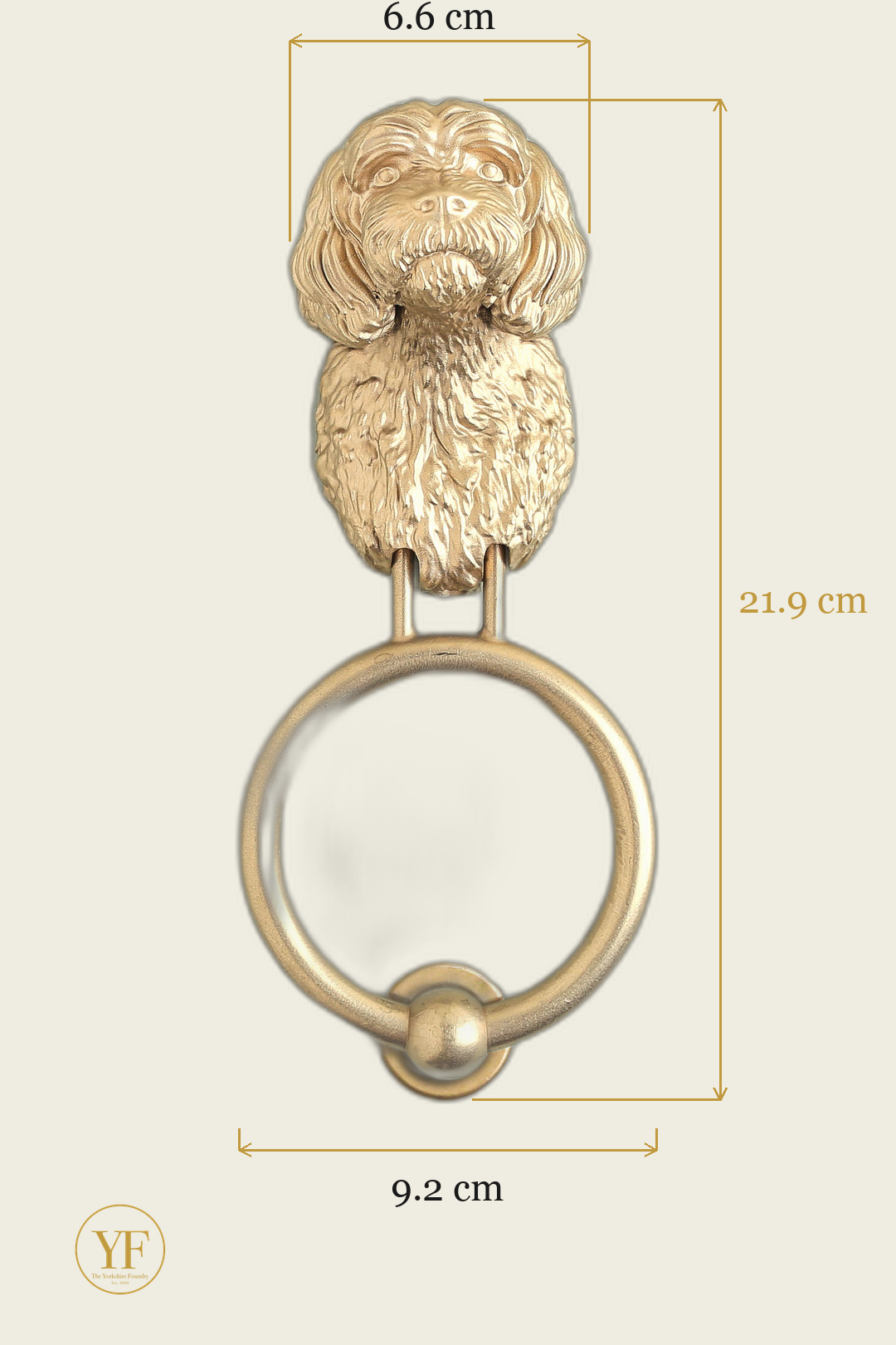 Cavapoo brass door knocker dimensions: head width, overall height and 9.2 cm ring