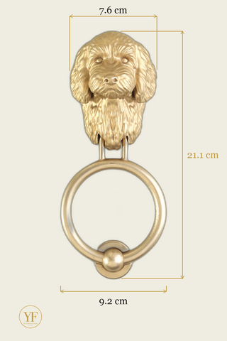Cockapoo brass door knocker dimensions: head width, overall height and 9.2 cm ring