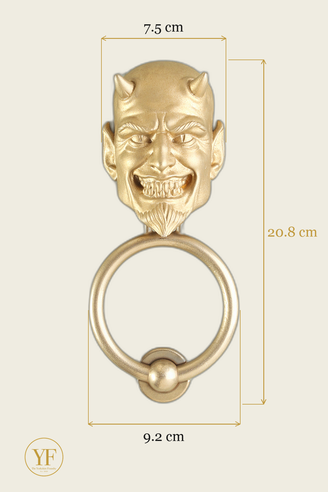 Devil brass door knocker dimensions: head width, overall height and 9.2 cm ring
