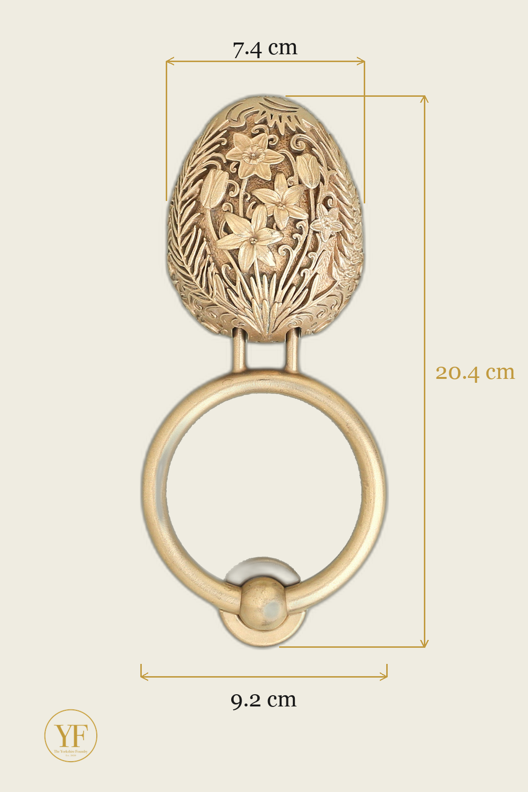 Easter Egg brass door knocker dimensions: head 7.4 cm wide, 20.4 cm overall, 9.2 cm ring