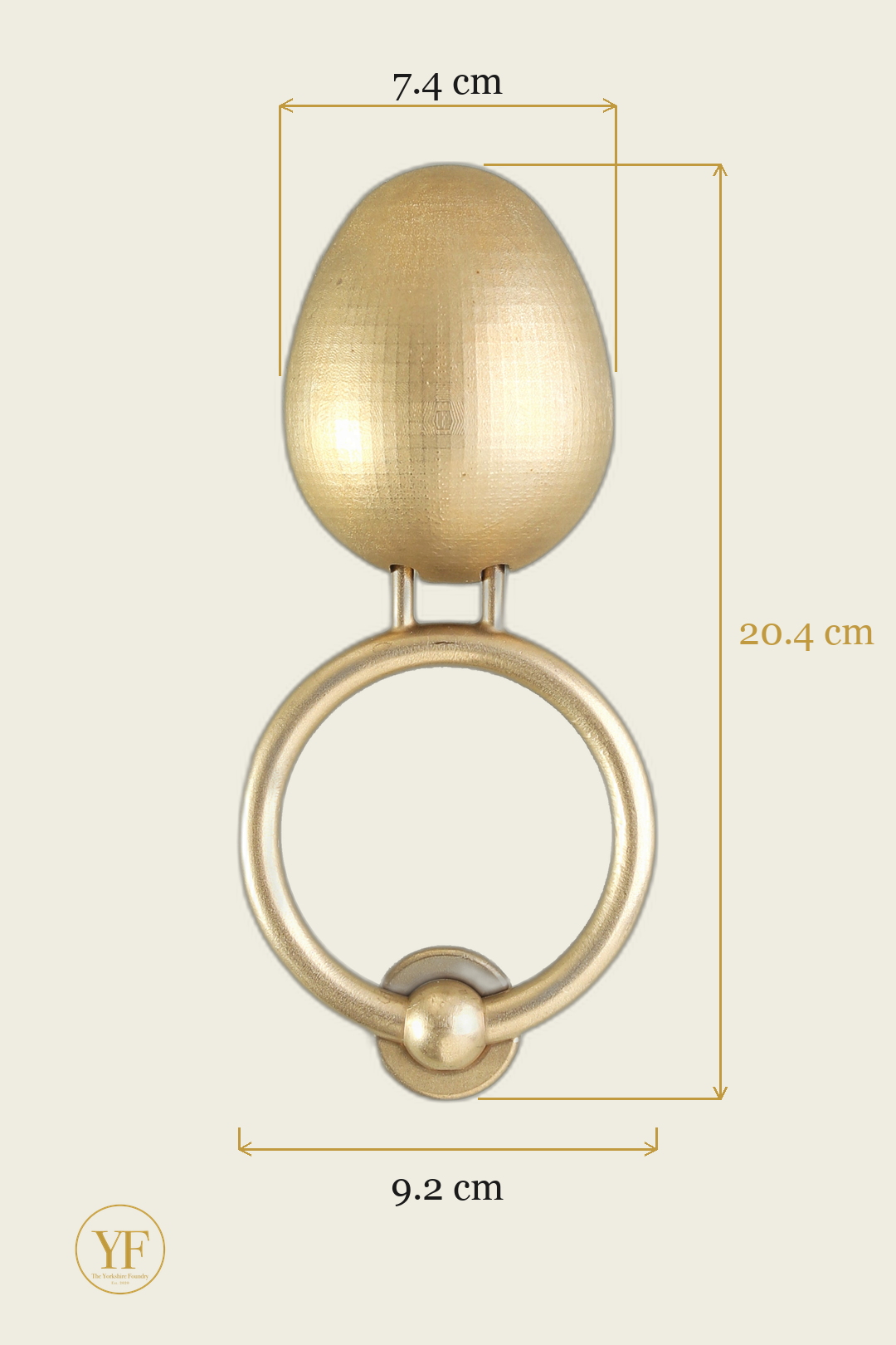 Egg brass door knocker dimensions: head 7.4 cm wide, 20.4 cm overall, 9.2 cm ring