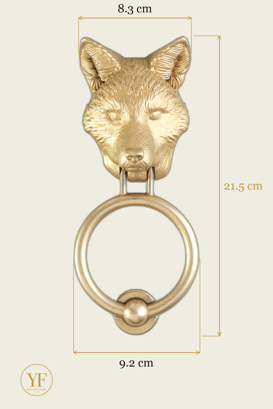 Fox brass door knocker dimensions: head width, overall height and 9.2 cm ring