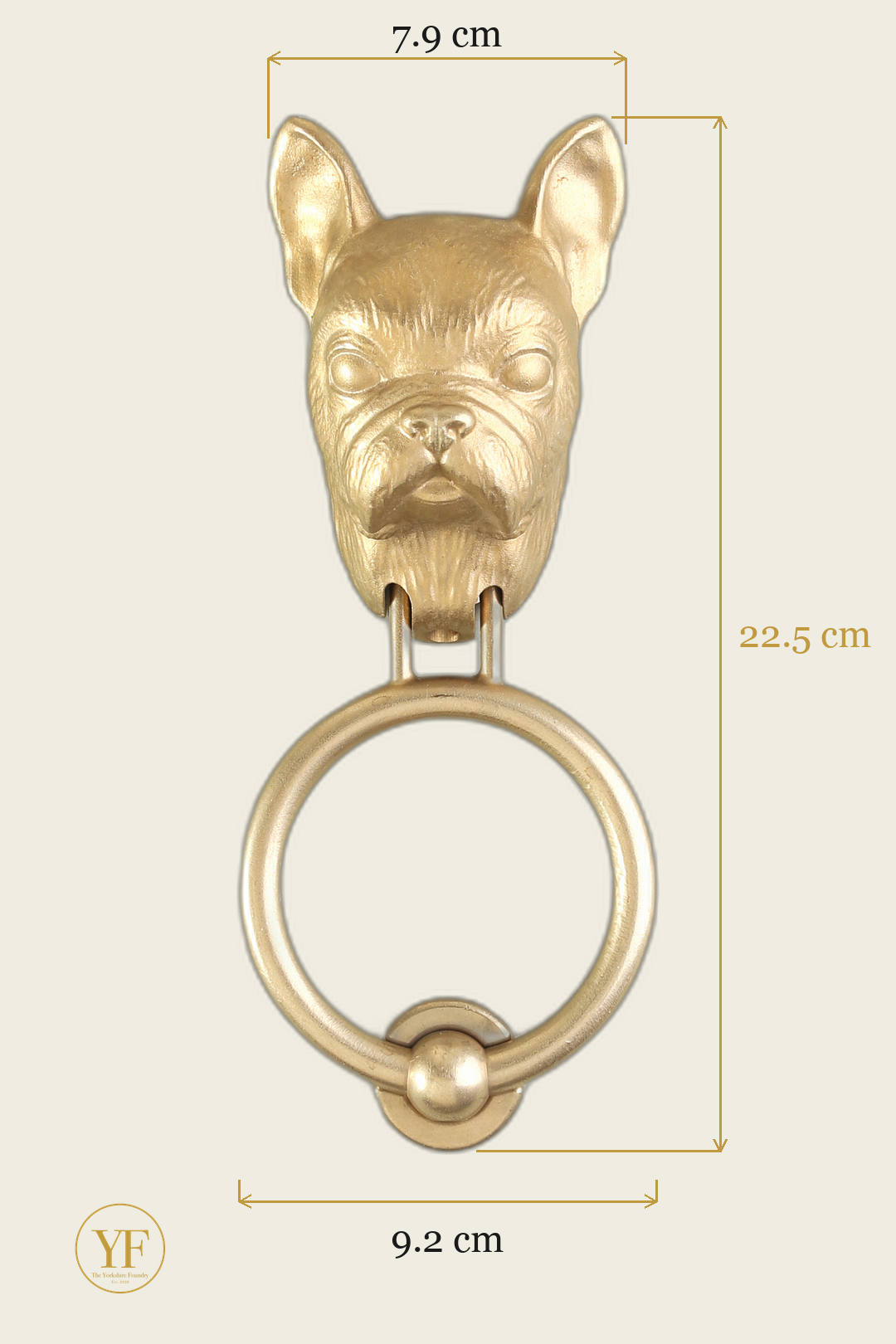 French Bulldog brass door knocker dimensions: head 7.9 cm wide, 22.5 cm overall, 9.2 cm ring