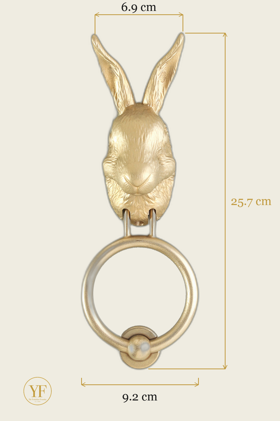 Hare door knocker head dimensions: head 6.9 cm wide, 25.7 cm overall on the standard 9.2 cm ring