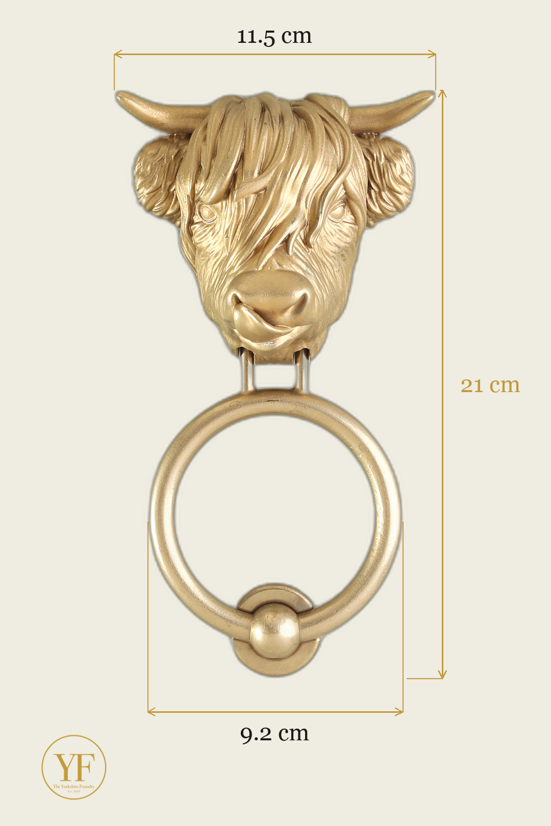 Highland Cow Tongue Out brass door knocker dimensions: head width, overall height and 9.2 cm ring