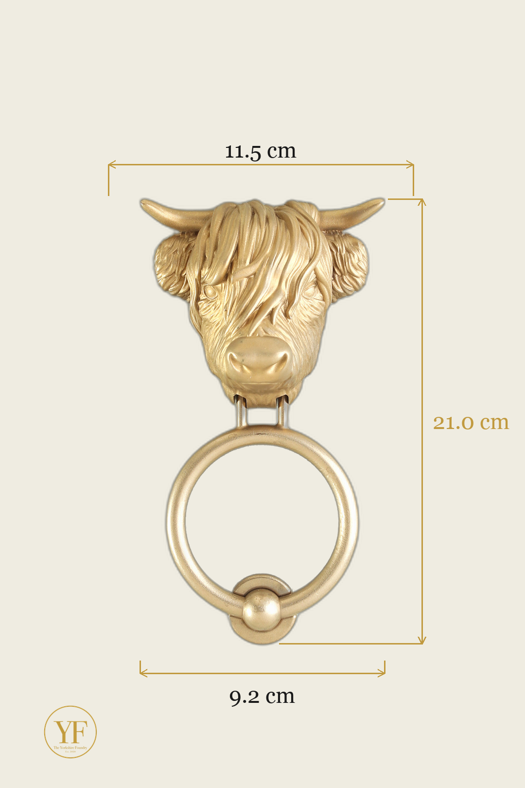 Highland Cow Traditional brass door knocker dimensions: head 11.5 cm wide, 21 cm overall, 9.2 cm ring
