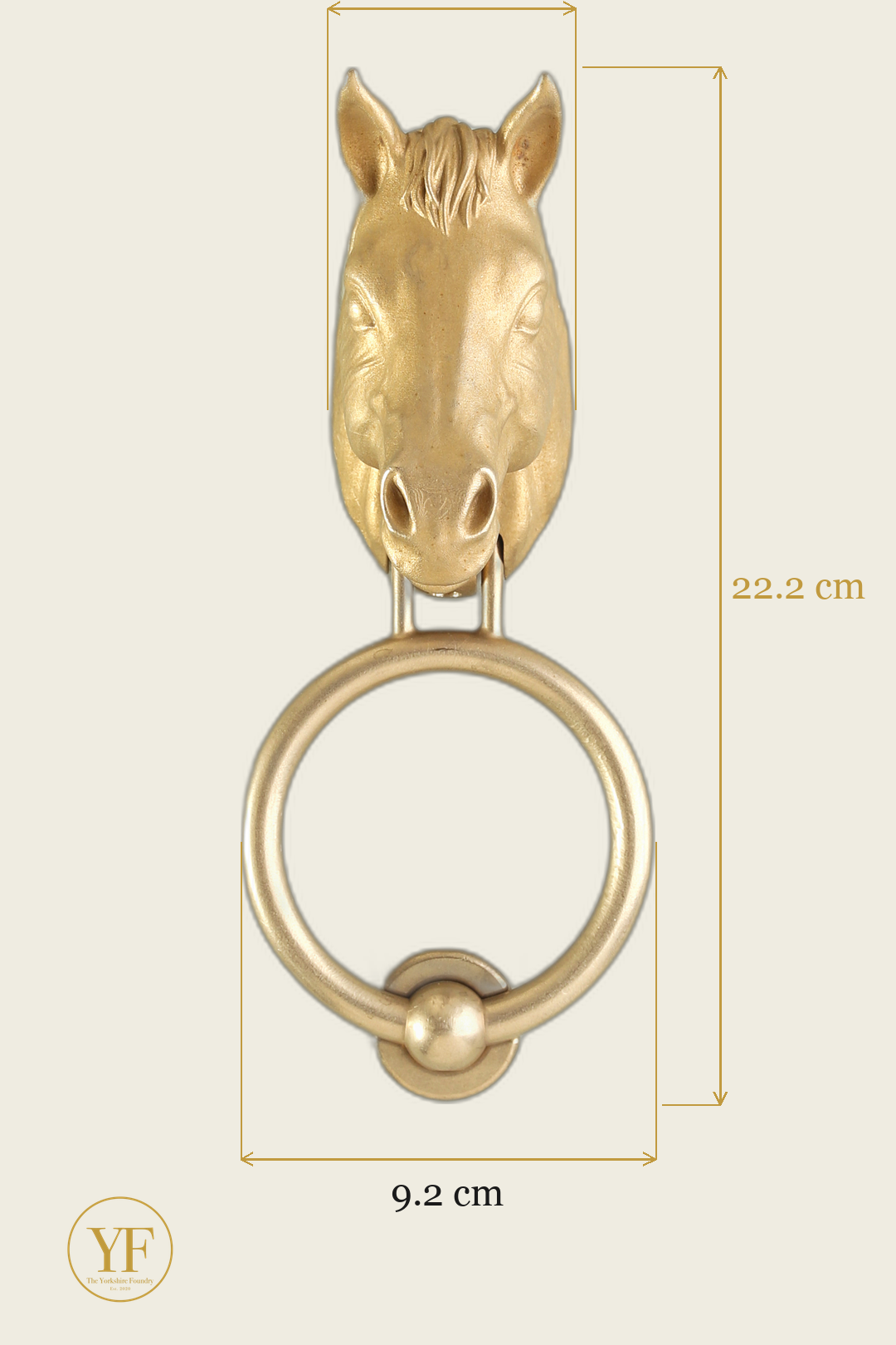 Horse brass door knocker dimensions: head width, overall height and 9.2 cm ring