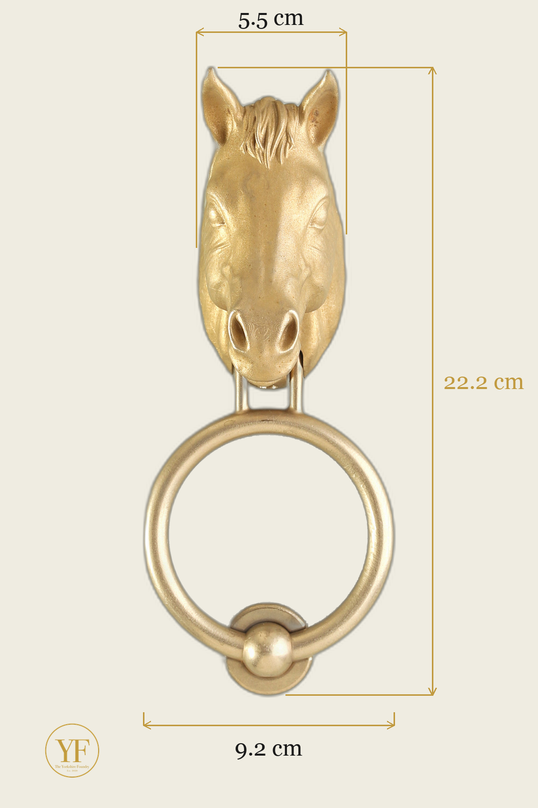 Horse door knocker head dimensions: head 5.5 cm wide, 22.2 cm overall on the standard 9.2 cm ring