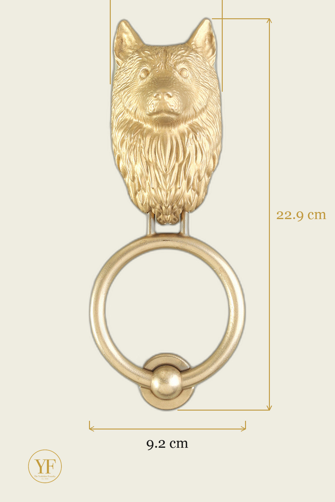 Husky brass door knocker dimensions: head width, overall height and 9.2 cm ring