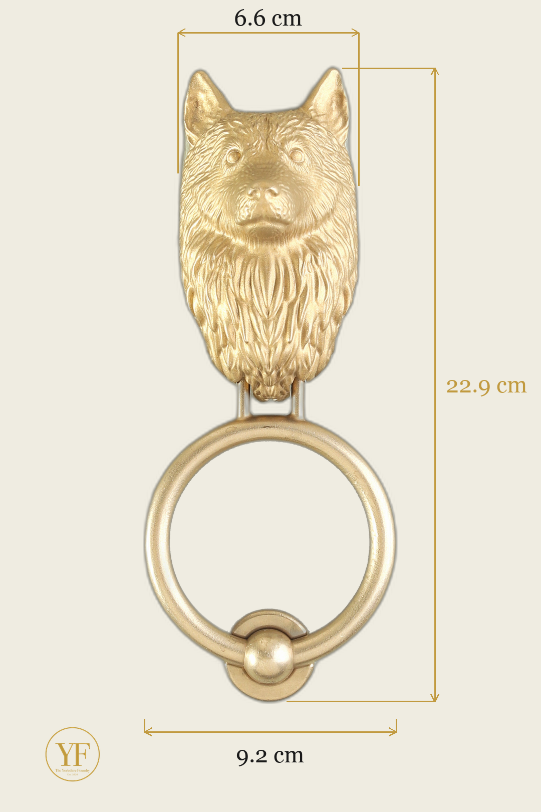 Husky door knocker head dimensions: head 6.6 cm wide, 22.9 cm overall on the standard 9.2 cm ring
