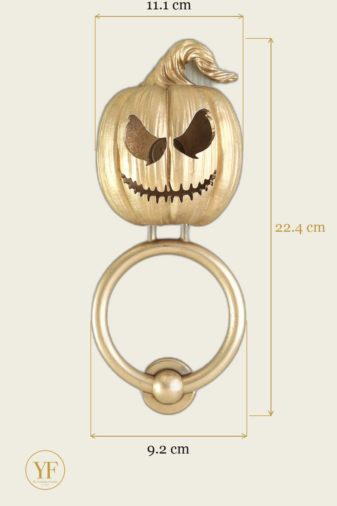 Jack o lantern - Laughing brass door knocker dimensions: head width, overall height and 9.2 cm ring