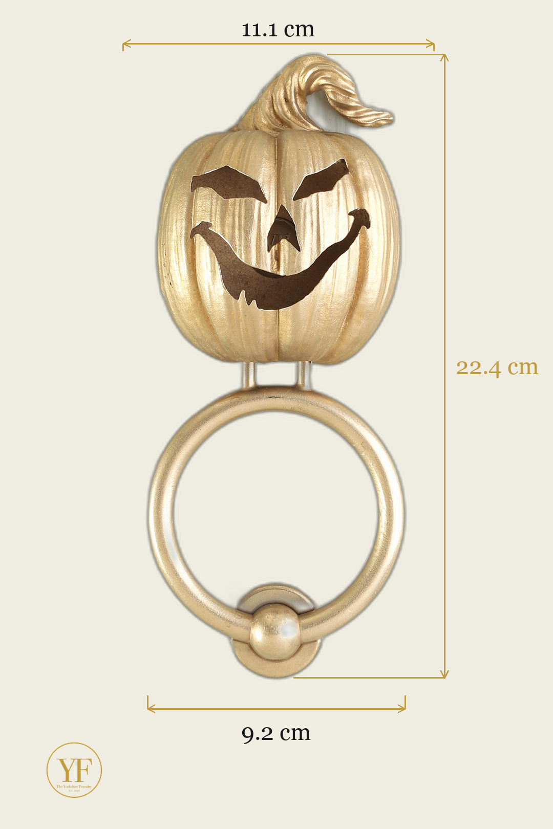 Laughing Jack-o'-Lantern brass door knocker dimensions: head 11.1 cm wide, 22.4 cm overall, 9.2 cm ring