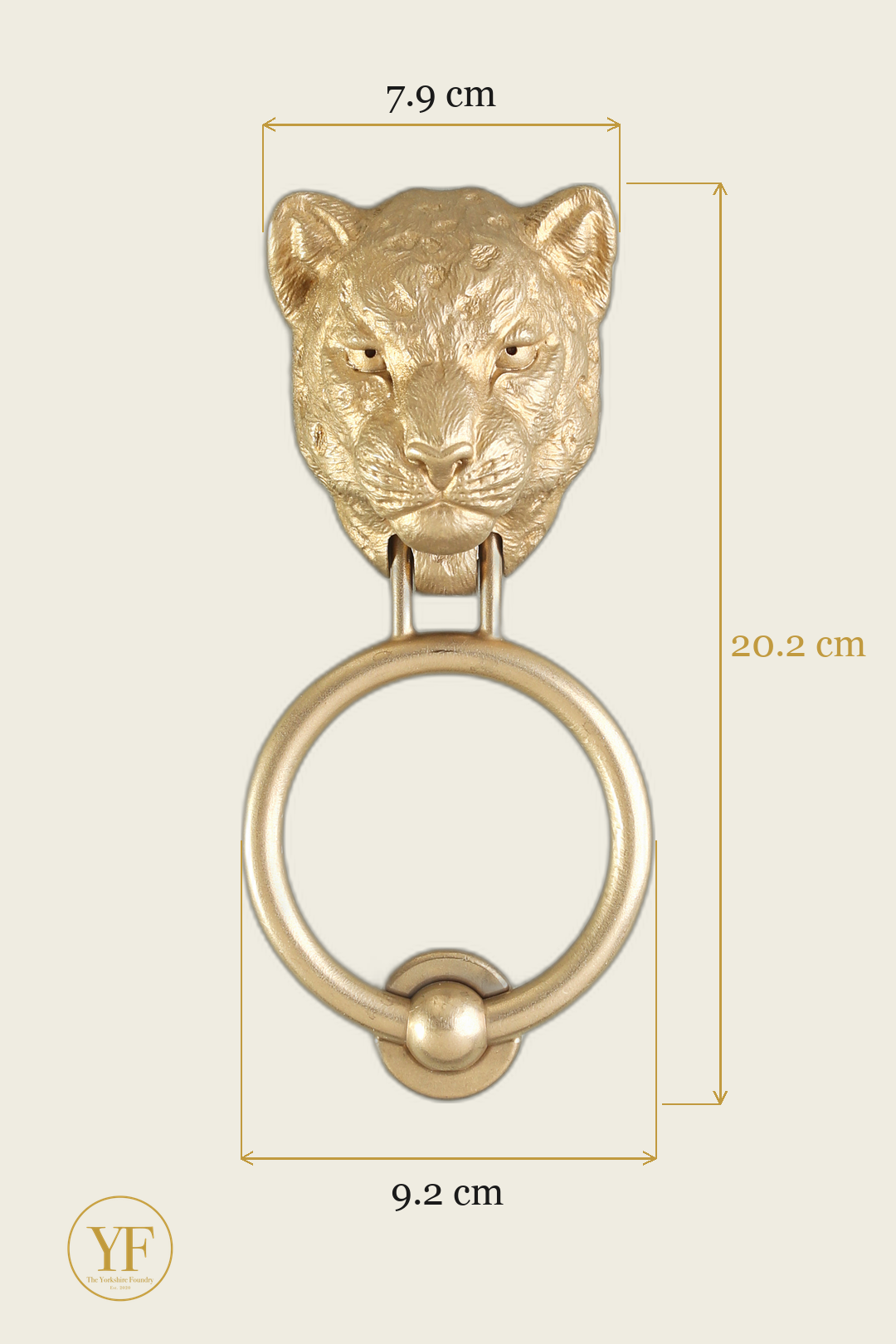 Leopard brass door knocker dimensions: head width, overall height and 9.2 cm ring