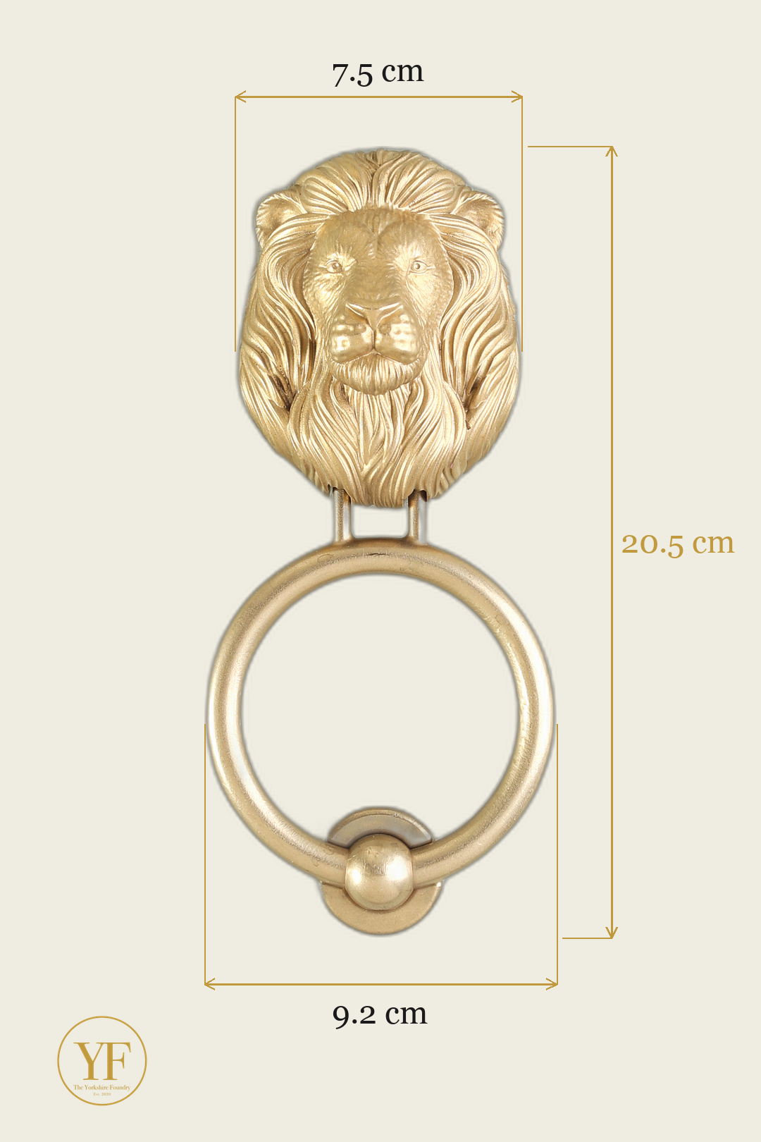 Lion brass door knocker dimensions: head width, overall height and 9.2 cm ring
