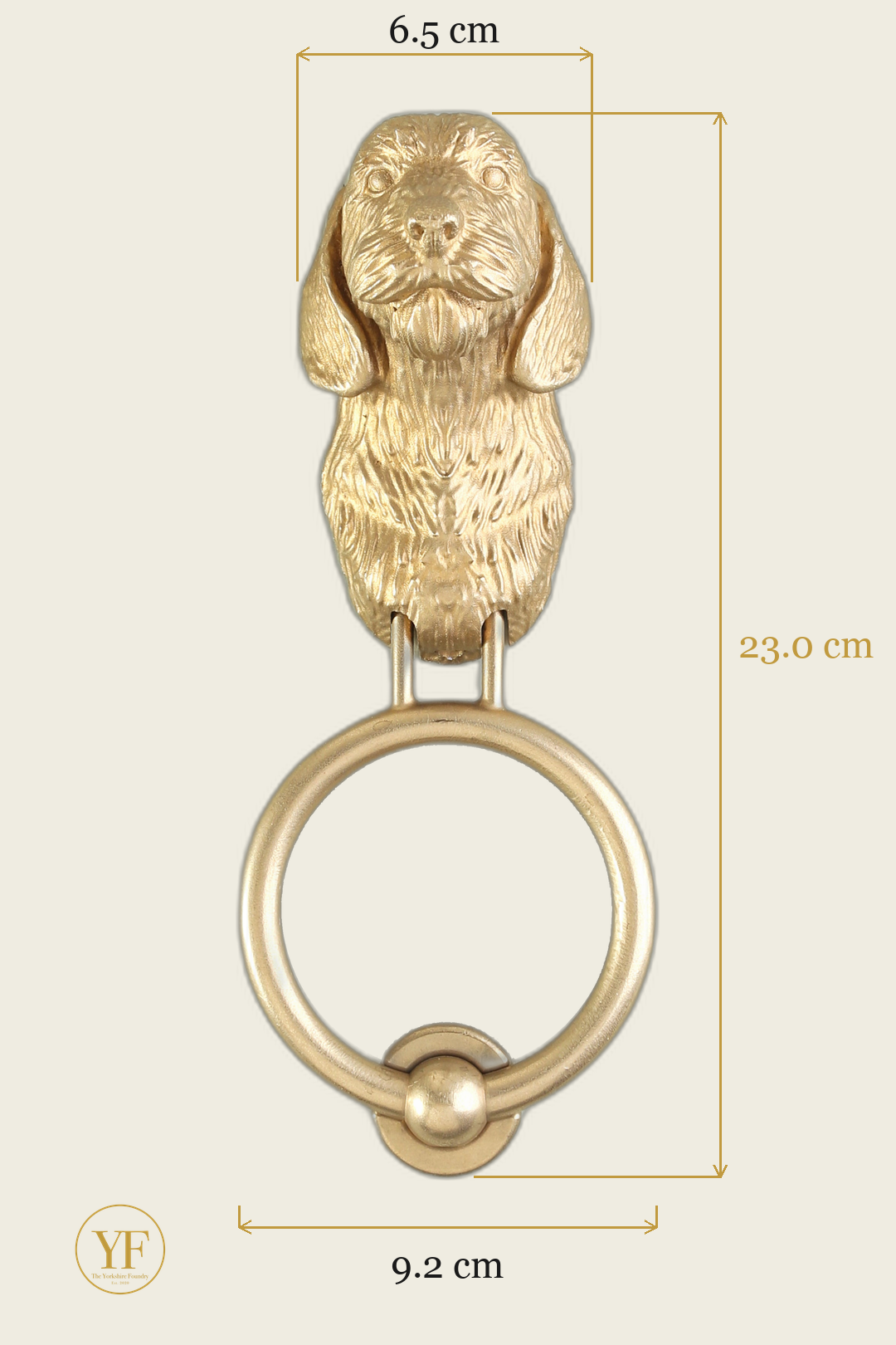 Long-Haired Dachshund brass door knocker dimensions: head 6.5 cm wide, 23 cm overall, 9.2 cm ring