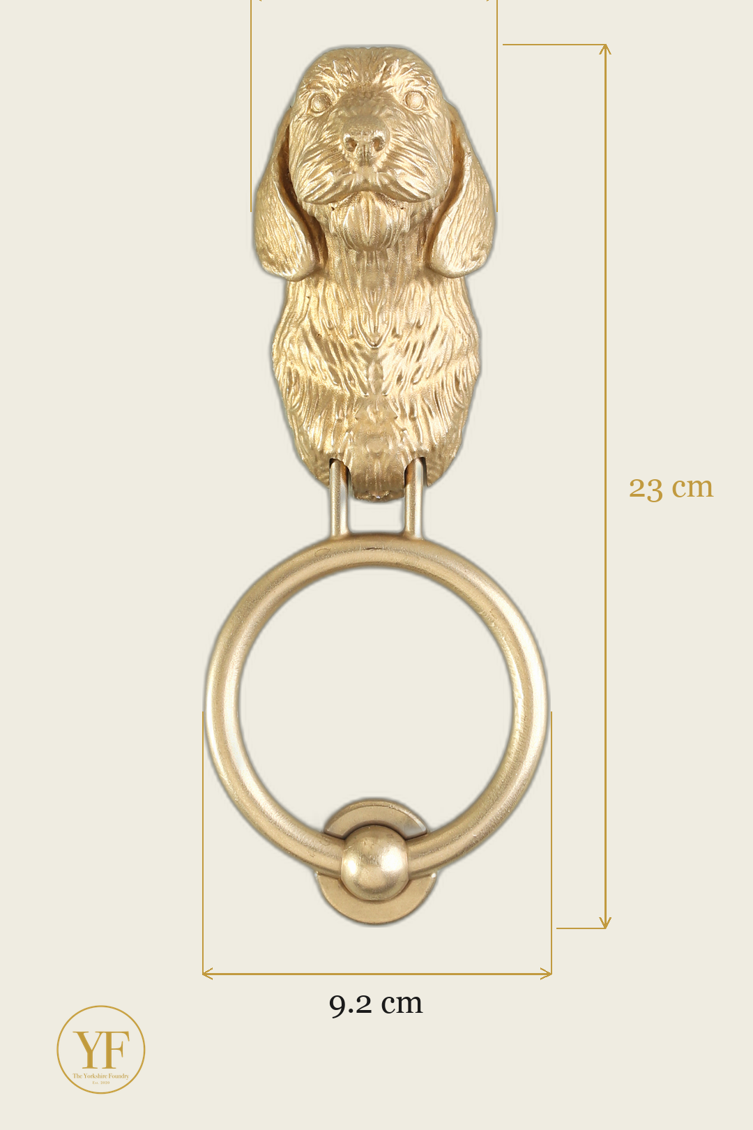 Long haired Dachshund Head brass door knocker dimensions: head width, overall height and 9.2 cm ring