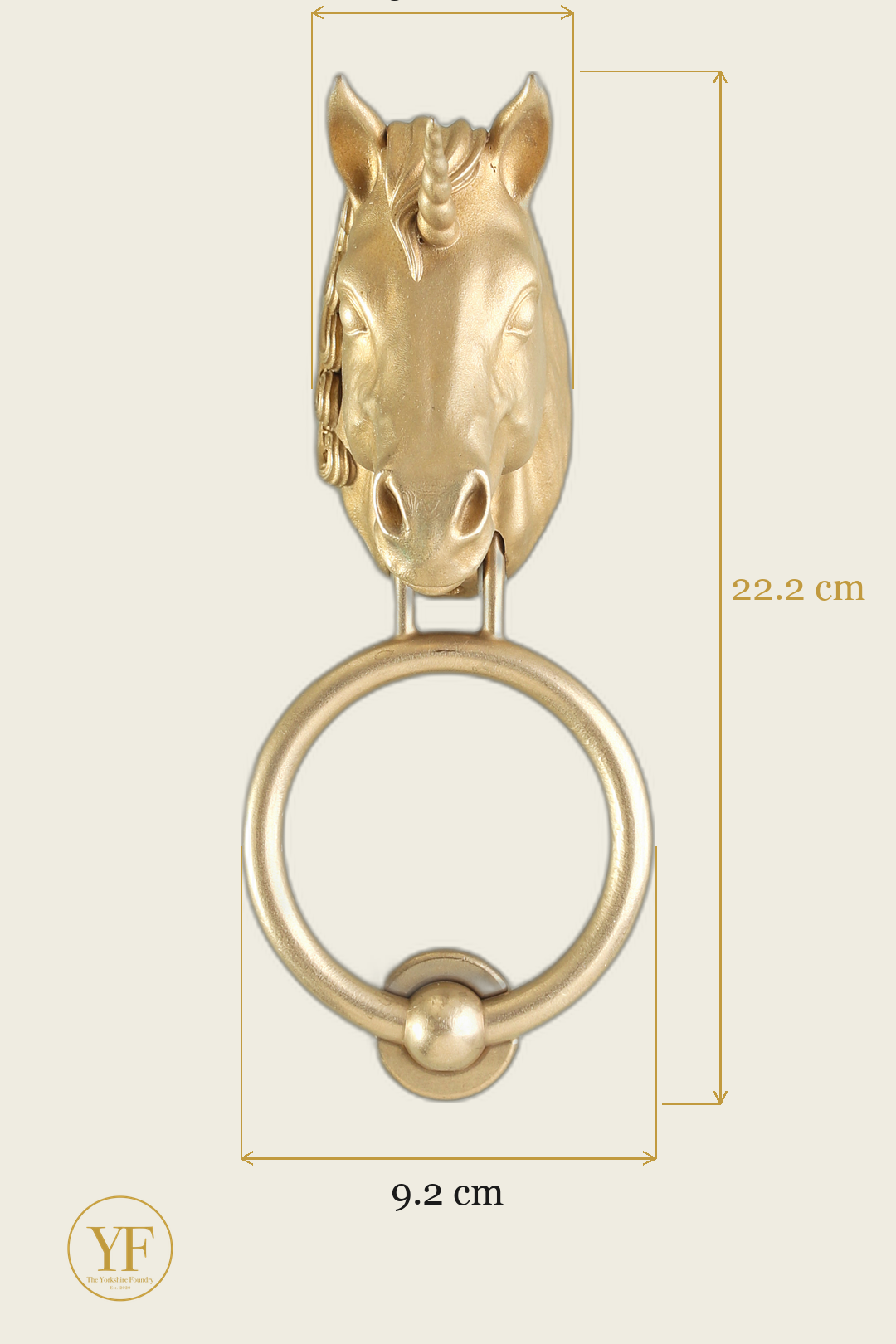Magical Unicorn brass door knocker dimensions: head width, overall height and 9.2 cm ring