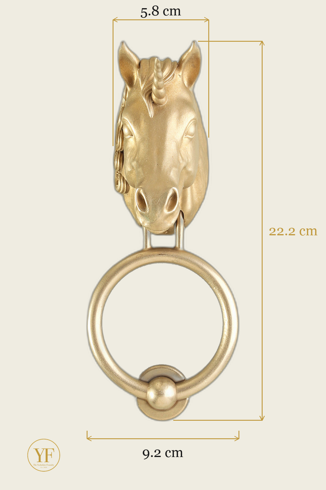 Magical Unicorn brass door knocker dimensions: head 5.8 cm wide, 22.2 cm overall, 9.2 cm ring