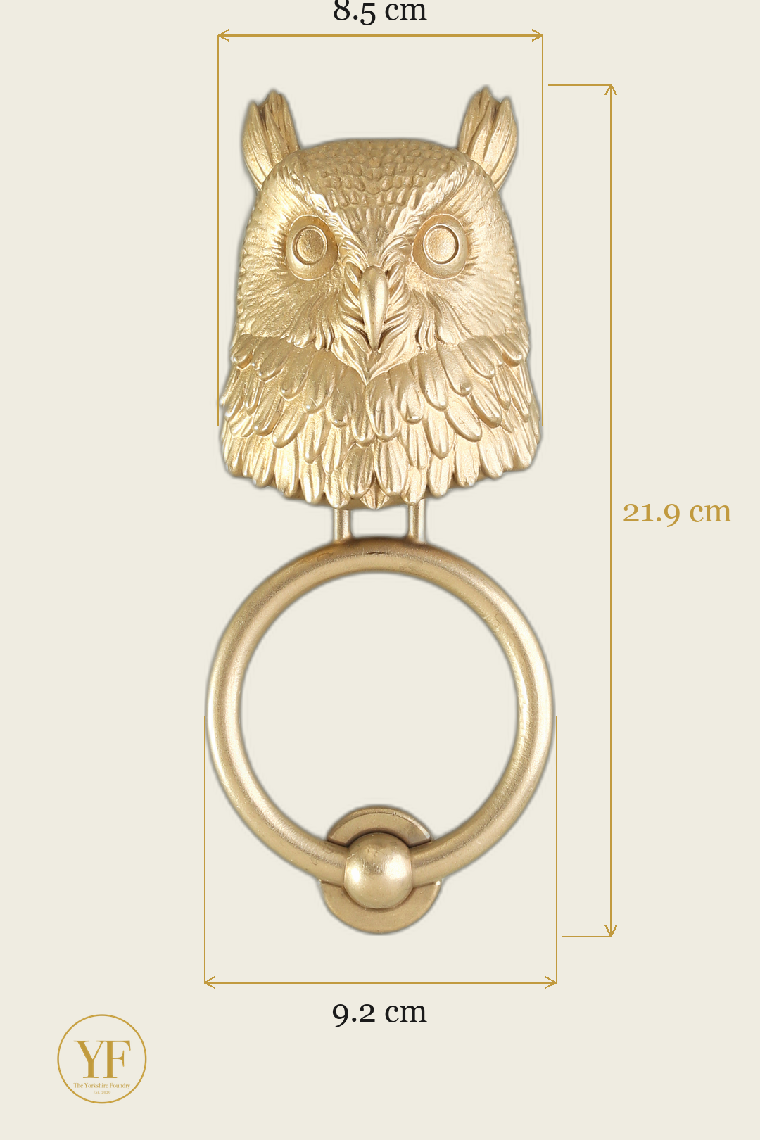 Owl brass door knocker dimensions: head width, overall height and 9.2 cm ring