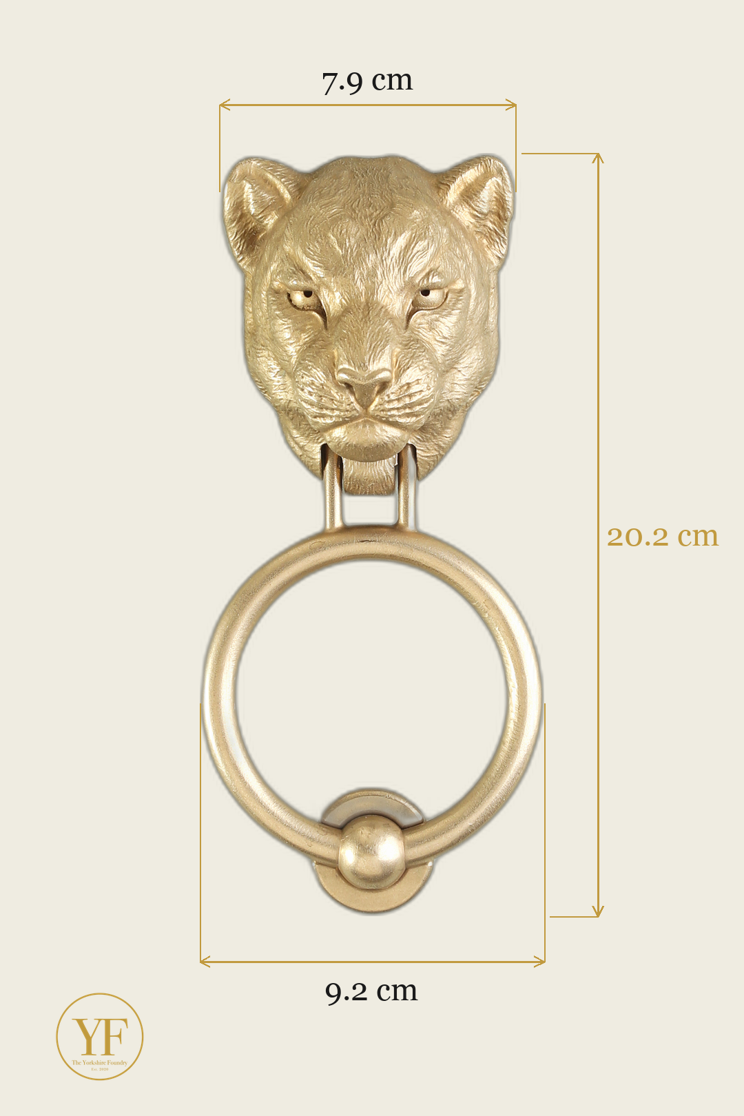 Panther brass door knocker dimensions: head width, overall height and 9.2 cm ring